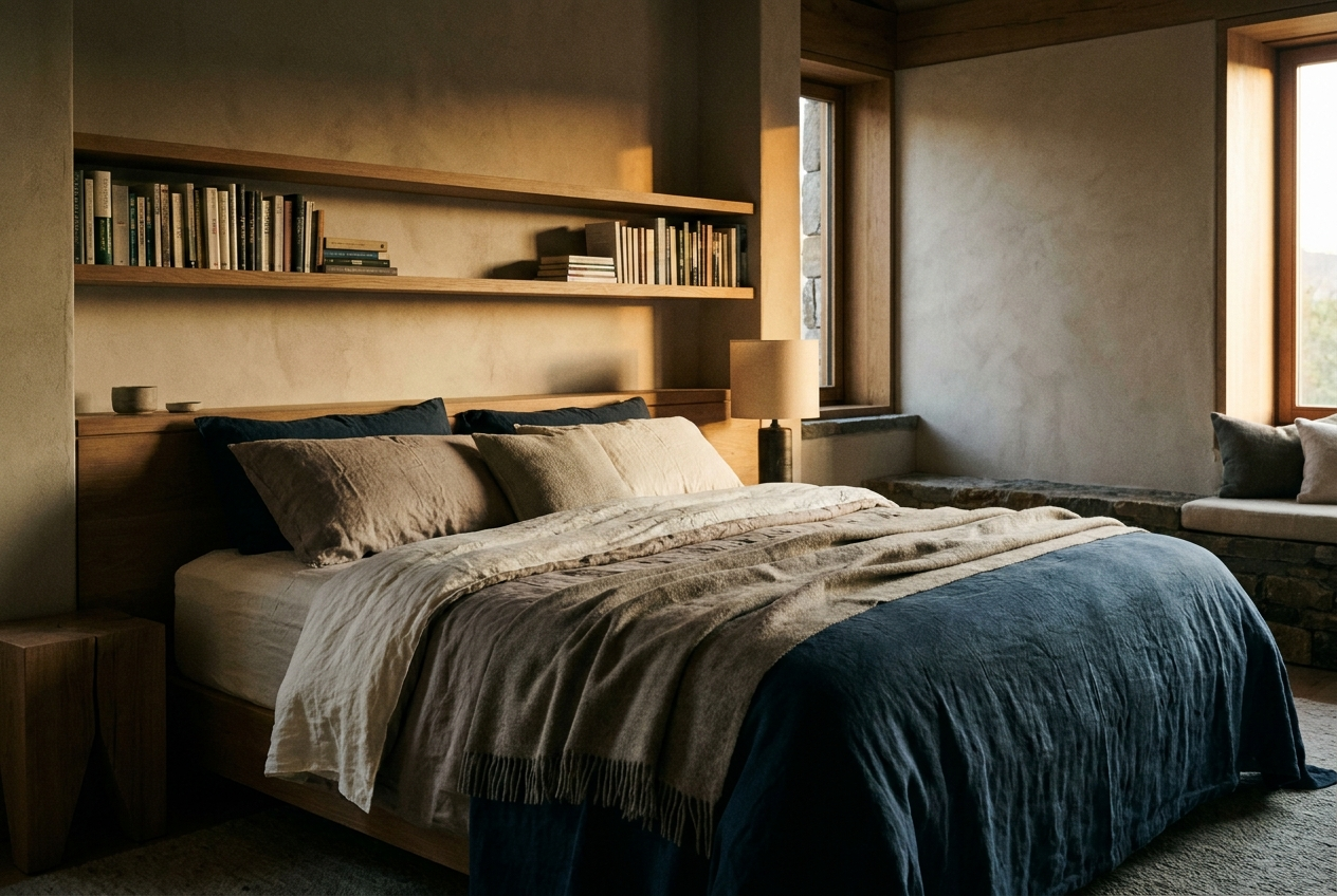 Warm, serene bedroom with layered bedding, bookshelves, and evening light