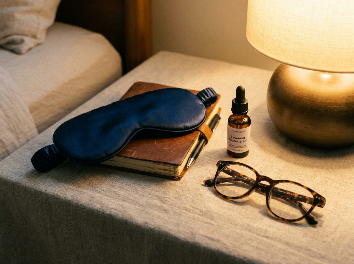Nightstand essentials including lamp, notebook, glasses, sleep mask, and essential oil